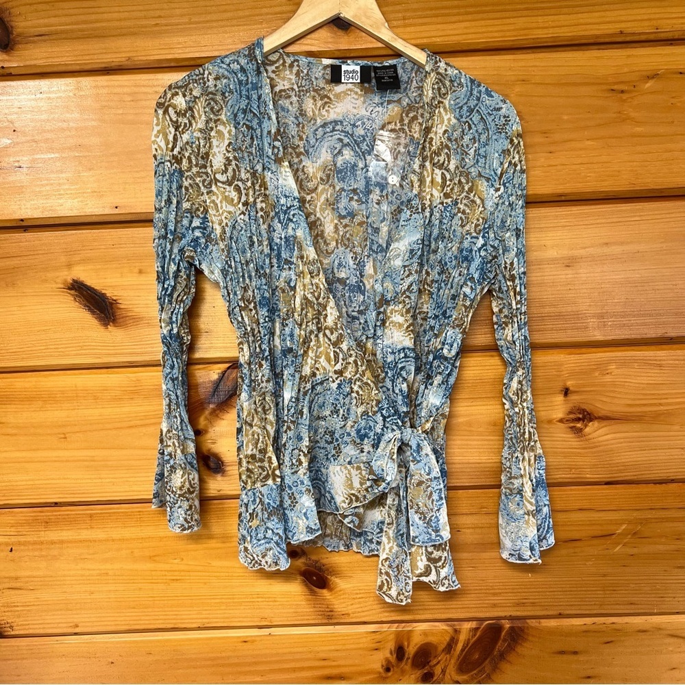 NWOT Studio 1940 Crinkled Wrap Tie Closure Top Blouse Long Sleeve SZ XL Boho